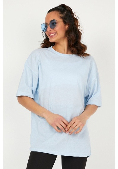 Düz Basic T-shirt - Buz Mavi Oversize Bisiklet Yaka Kısa Kol Tişört Mavi