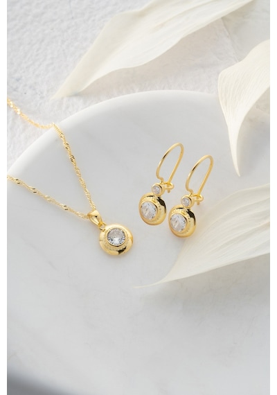 Nereze 925 Ayar Gümüş Burgu Zincirli Gold Tektaş Model Küpe ve Kolye Set
