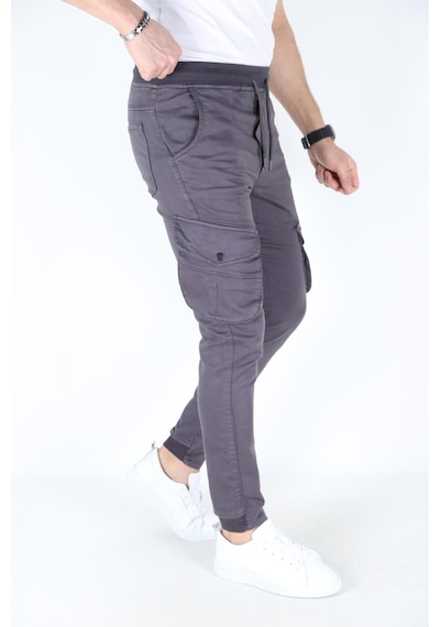 Myrab Denim Erkek Kargo Cepli Paça Bel Lastikli Likralı Kargo Cep Pantolon Antrasit