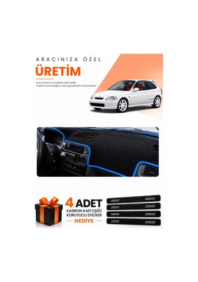 Honda Civic Ek-ej-em 1995-2000 Uyumlu Torpido Koruma Örtüsü Oto Kılıfı - Siyah Mavi