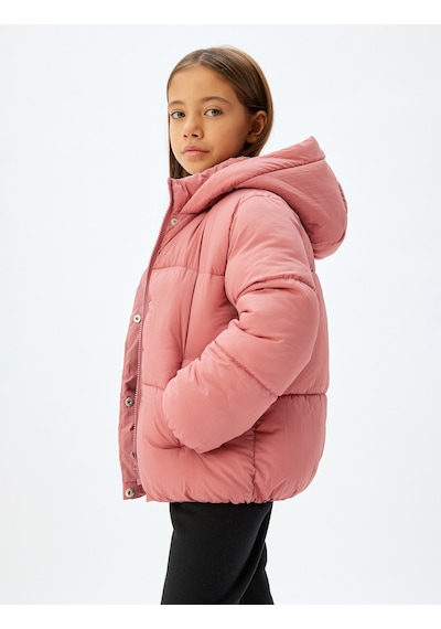 Koton Kapşonlu Şişme Mont Fermuarlı Cep Detaylı Pembe 5wkg20036aw Pembe