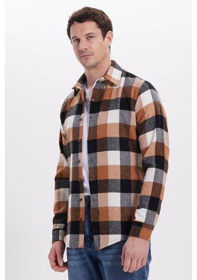 Tudors Erkek Slim Fit Dar Kesim Kareli Kışlık Oduncu Gömlek-42221 Kahverengi