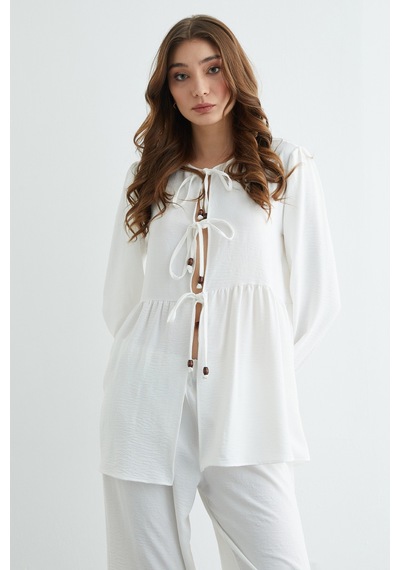 Fullamoda Fullamodest Önü Bağlamalı Ayrobin Kimono 2 Li Takım Beyaz
