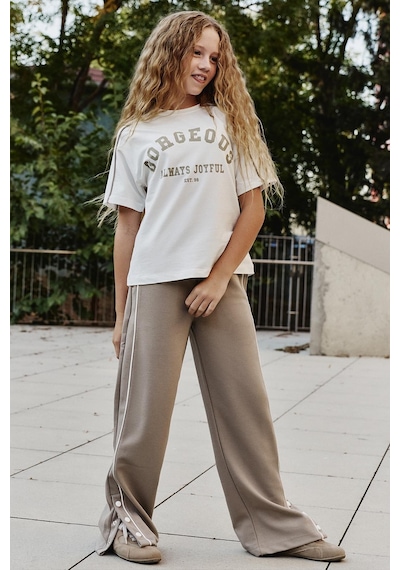 Tommylife Ekru-koyu Bej O Yaka Baskılı Geniş Paça Çıt Çıt Detaylı Kız Çocuk Palazzo Eşofman Takım - 75172 Ekru/koyu Bej Ekru - Koyu Bej