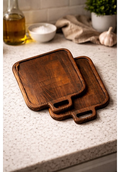 Fam Wood Art 2'li Doğal Ahşap Kızartma Tabağı Nihale Small Sunumluk Supla,aksesuar Organizeri 19 X 23 Cm Kahverengi