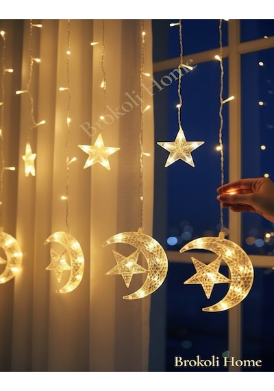 Ay Yıldız Perde Led 8 Mod Ramazan Led Işık Gün Işığı Ramazan Süsleme Led Aydınlatma Ramazan Işık Gün Işığı