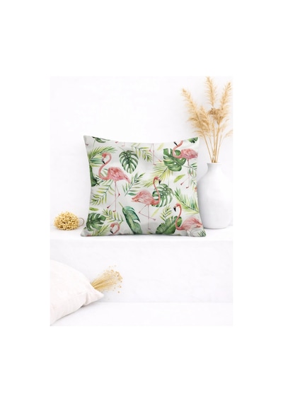 Beyaz Gecede Flamingo Ferahlığı Dekoratif Kırlent Kılıfı 45x45 Cm Yeşil