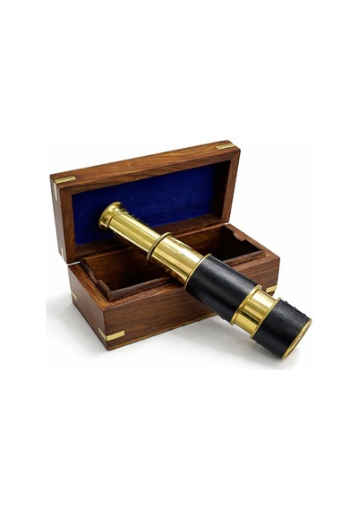 1 Adet Pirinç Dürbün Ahşap Kutulu, Deri Kaplamalı El Teleskobu, Vintage Spyglass, Monocular 20x4 Cm Sarı