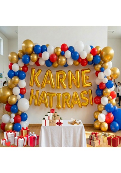 Karne Temalı Karne Hatırası Gold Folyo Harf Kırmızı Beyaz Mavi Gold Balon Süsleme Beyaz - Kırmızı - Mavi