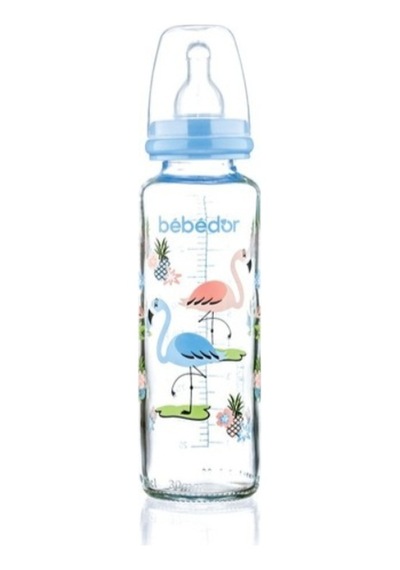Bebedor Desenli Silikon Emzikli Orta Akış  Cam Biberon Mavi 250 ML 31302