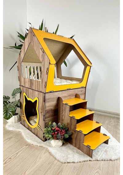 Mavitrend Ahşap Büyük Kedi Evi Xxl Açık Teraslı Model