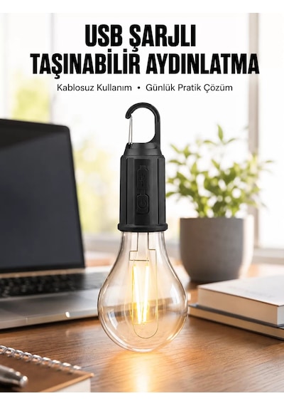 Şarjlı Dekoratif Kamp Lambası Askılı Ampul Led Işık Type-c Girişli - 500 Çok Renkli