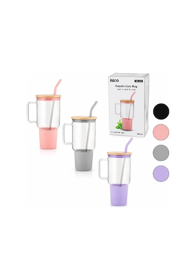 1000 Ml Cam Matara Kupa Bardak - Bambu Kapaklı - Silikon Kılıflı