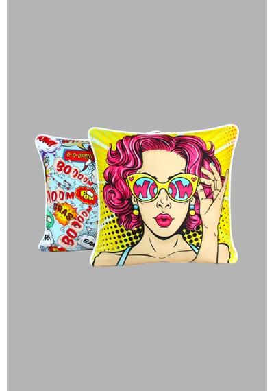 Kırlent Kılıfı 2'li Pop Art Ve Figür Desenli 45x45 Raşel Örme Kadife Çift Taraflı Dijital Baskı Beyaz Biyeli Çok Renkli