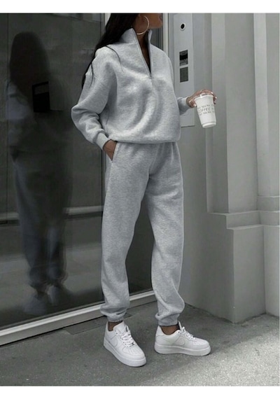 Basic Düz Fermuarlı Eşofman Takımı Sweatshirt Jogger - Gri Oversize Şardonlu Dik Yaka Gri