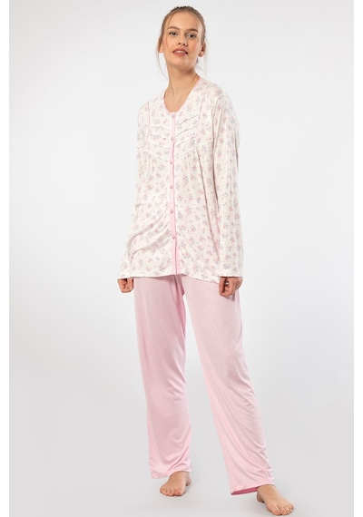 Türen Empirme Düğmeli Battal Uzun Kollu Pijama Takım 3367/pembe 001