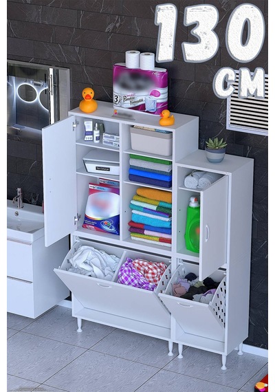 Alya 130 Cm Genişlikte 2 Kapaklı Banyo Dolabı Mutfak/kiler Dolabı Beyaz 80+50 X160x32,5 Cm