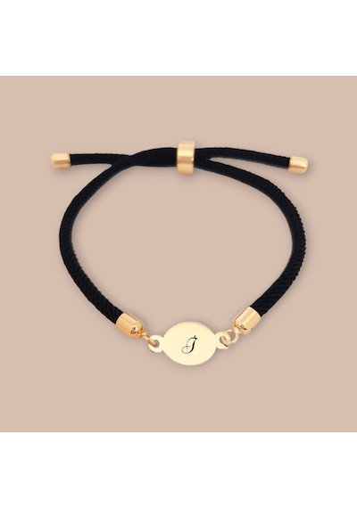 İ Harfine Özel İpek Örgülü 14 Ayar Altın Plakalı Oval Motifli Hediye Bileklik-320harf-siyah Altın