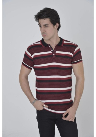 Erkek Polo Yaka Tişört Slim Fit Dokuma Çizgili Kısa Kol T-shirt - Bordo