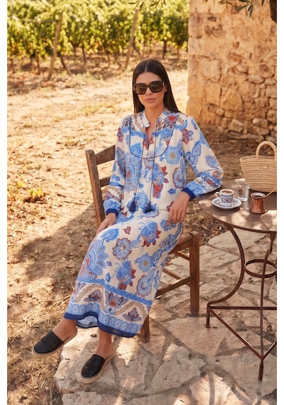 Lela Modest Desenli Regular Fit Bağlamalı V Yaka Maxi Bayan Elbise 611El510 Lacivert