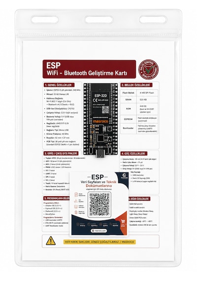MASROKİT ESP32-D WiFi + Bluetooth Geliştirme Kartlı Eğitim Kiti (Breadboard + Jumper + Kablo+ Güç Modülü)