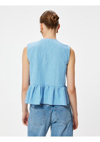 Koton Fiyonk Detaylı Peplum Yelek Pötikare Desenli Mavi Ekose 4sak30155pw Mavi