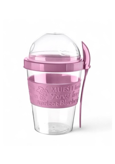 Titiz 600 Ml Kaşıklı Yoğurt Müsli Kabı Taşınabilir Kase - Pembe
