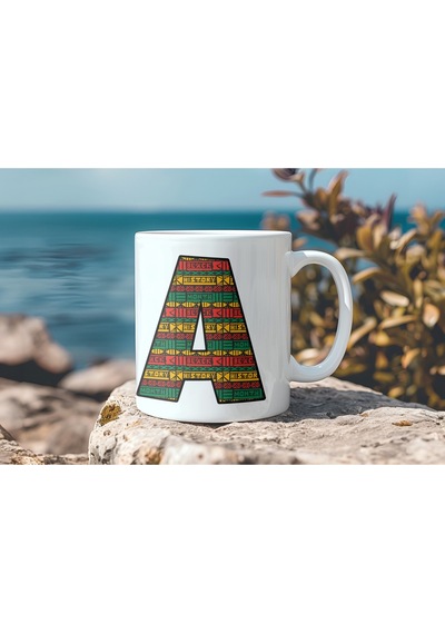 A Harfi Etnik Desenli Kupa - Afrika Tarzı Kahve Çay Kupası - Hediyelik - Black History Beyaz