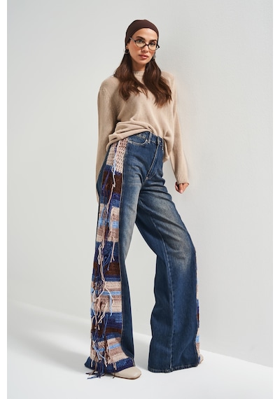 it's basic Kadın Kot Rengi 2w5-8 Flare Palazzo Fit Etnik Örme Detaylı Viskon Kumaş Özel Tasarım Denim Jean Mavi it's basic Kadın Kot Rengi 2w5-8 Flare Palazzo Fit Etnik Örme Detaylı Viskon Kumaş Özel Tasarım Denim Jean Mavi