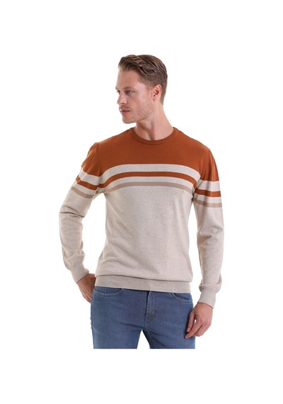 Hatemoğlu Bej Comfort Fit Desenli Pamuklu Bisiklet Yaka Casual Triko Kazak Bej
