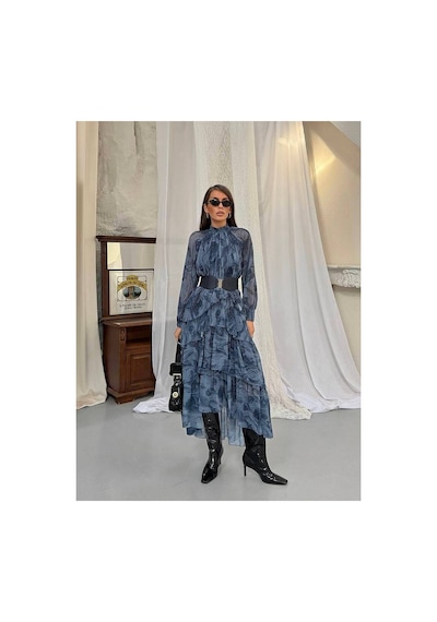 Rabia Çelik Kat Etekli Kemerli Uzun Kollu Midi Elbise Mavi Mavi