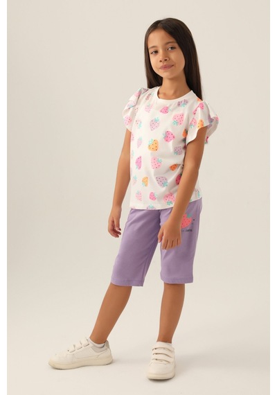Rolypoly Strawberry Mor Kız Çocuk Kapri Takım 5274-42949 Krem - Lila