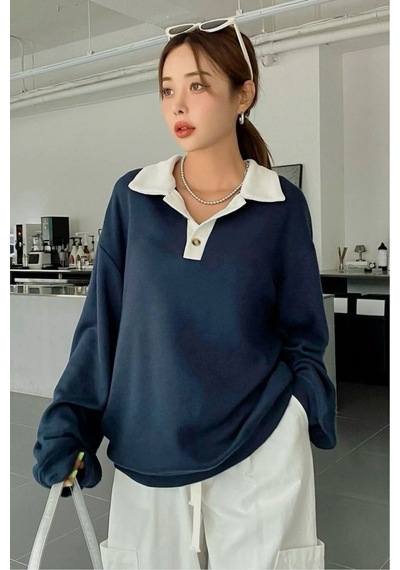 Nimas Kadın Oversize Polo Yaka 3 İplik Şardonlu Sweatshirt Lacivert - 675774194 Lacivert
