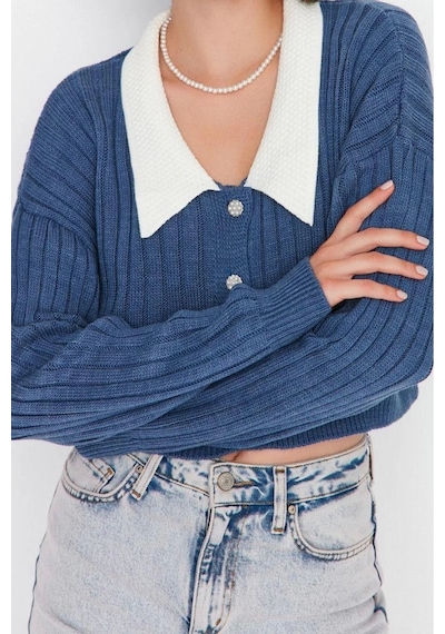 Ersefa Kadın Modern Tarz Regular Bebe Yaka Crop Triko Hırka Indigo