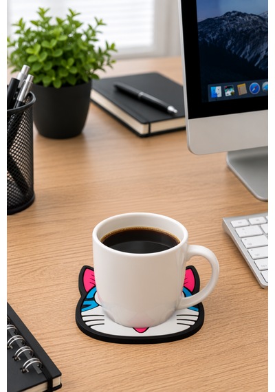 Kemboss Neşeli Mavi Kedi Bardak Altlığı 2'li Set - Pvc Kaydırmaz Bardak Altlığı Açık Mavi