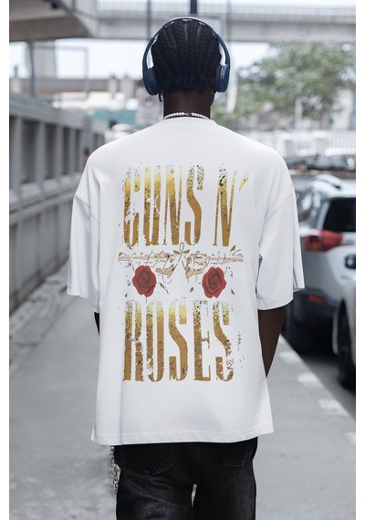 Sevbano Tasarım Guns N' Roses Rock Metal Müzik Grubu Sırt Baskılı Unisex Beyaz
