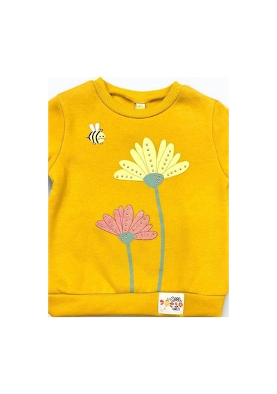 Kız Çocuk Kolları Fırfırlı İçi Şardonlu Çiçek Baskılı Sweatshirt-14348 HARDAL