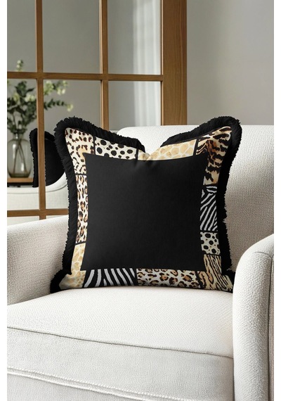 Safari Patchwork Saçaklı Yastık Kılıfı-lüks Afrika Bohem Siyah Altın Renkli Püsküllü Kırlent Kılıfı Tozlu Zeytin