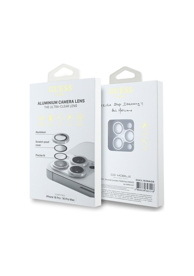Apple Uyumlu   iPhone 17 Pro Max Guess Lisanslı Metal Kamera Lens Koruyucu Gümüş