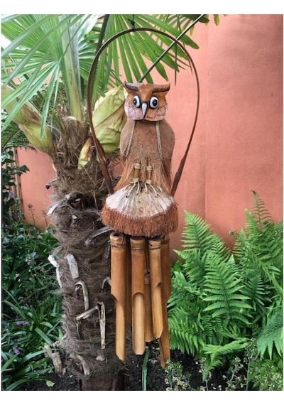 El Yapımı Doğal Ahşap & Coconut Baykuş Tasarımlı Rüzgar Çanı 90cm Balkon Bahçe Dekoru Hediyelik Ürün 60 Cm