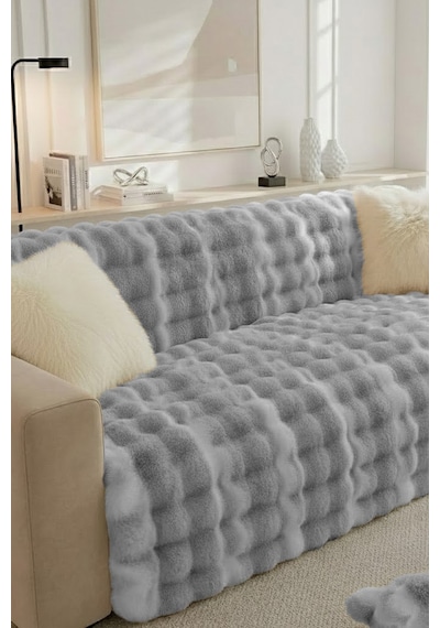 Lüks Kürklü Koltuk Örtüsü 170x215 Cm Yumuşak Peluş Kaymaz Taban Kanepe Örtüsü Gri Krem Gri - Krem