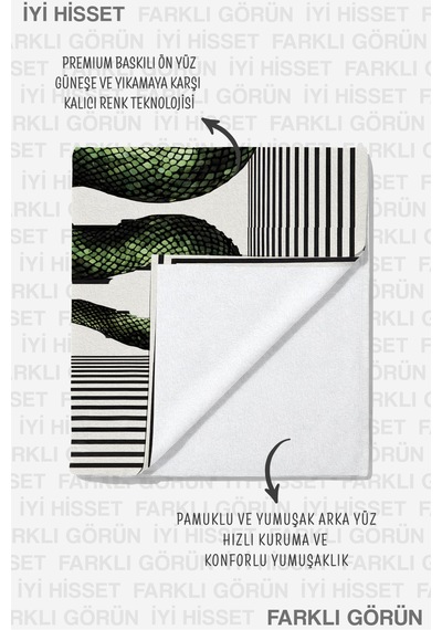 Yılan Figürlü Modern Plaj Havlusu - Geometrik Çizgili Siyah Yeşil Hızlı Kuruyan Mikrofiber Havlu Sakin Ada