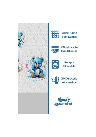 Mavi Ayıcık Desenli Baskılı Çocuk Ve Bebek Odası Fon Perdesi 2 Kanat - Prd-02 Çok Renkli