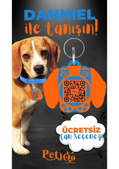 Petjoo 21.Danniel Turuncu-Mavi Qr'lı Köpek Künyesi