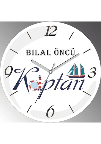 Kişiye Özel Kaptan Çap 30cm Sessiz Akar Bombeli Gerçek Cam Duvar Saati Siyah