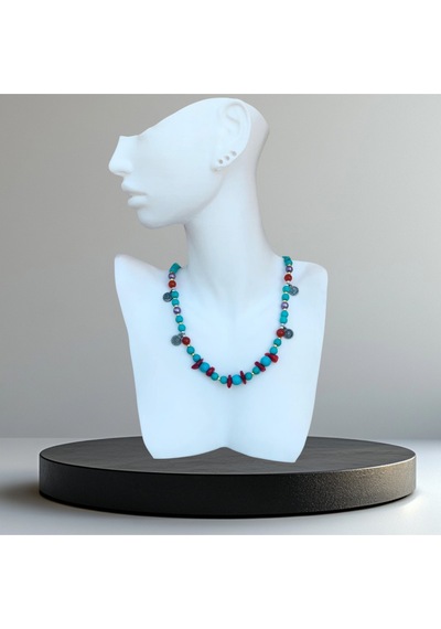 El Yapımı Turkuaz Taşlı Kolye-49 Cm Mavi
