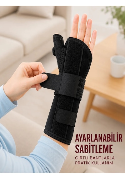 Metal Destekli El Bilekliği Başparmak Destekli Uzun Bilek Ateli Standart Beden Siyah