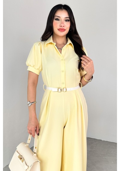 Neşeli Butik Kadın Gömlek Yaka Kemerli Geniş Paça Tulum Nbk4197 Sarı
