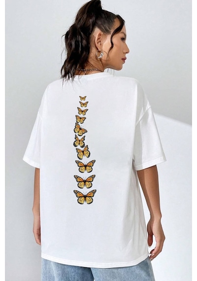 Unisex Sırt Kral Kelebek Baskılı Tasarım Tshirt Beyaz