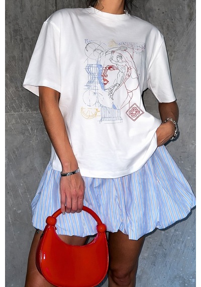 Kadın Premium Kumaş Ekru Baskılı Oversize T-shirt Ekru